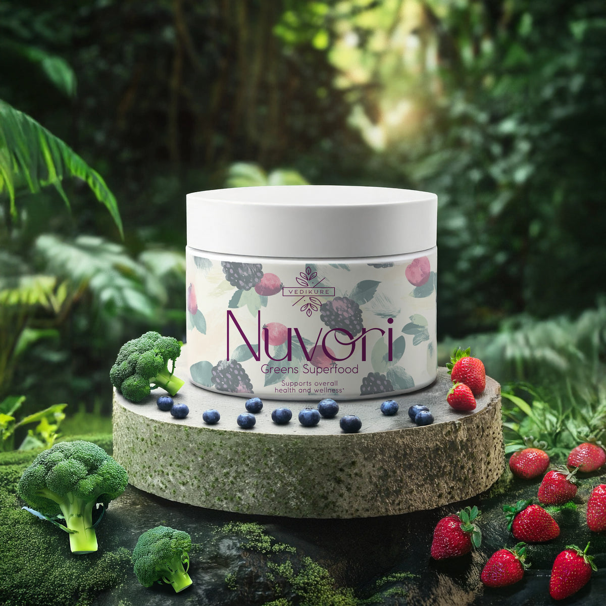 A container of Nuvori greens superfood powder, surrounded by an array of fruits and vegetables including broccoli and strawberries, set against a forest-like background.