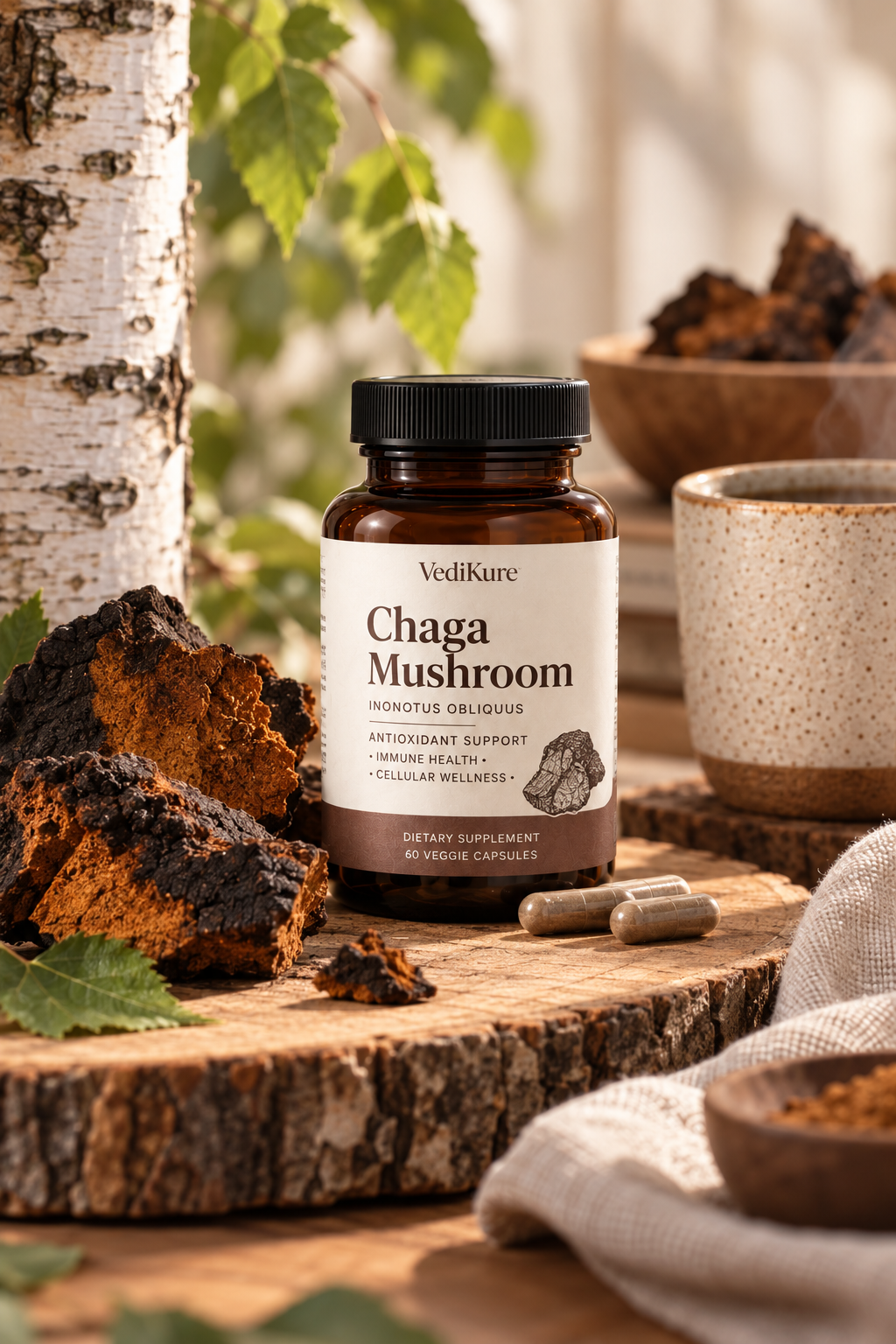 VediKure Chaga Mushroom supplement with wild chaga, birch elements, capsules, and a warm natural wellness setting.