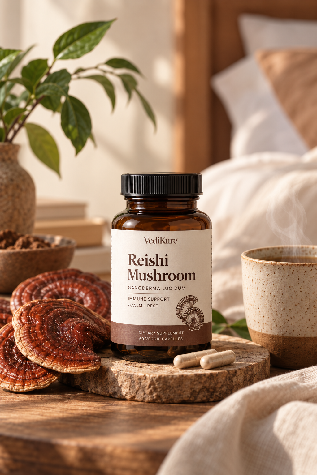 VediKure Reishi Mushroom supplement with fresh reishi mushrooms and capsules in a warm, natural wellness setting.